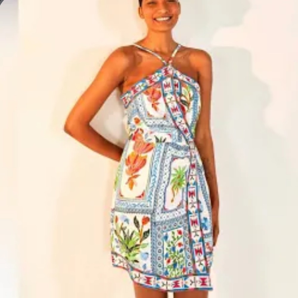 Farm Rio Tropical Tiles Embroidered Mini Dress